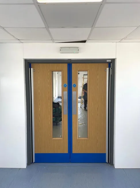 Oak-effect glazed double doors with a blue frame