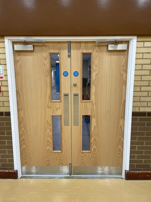 Timber-finish double doors with long glazed panels
